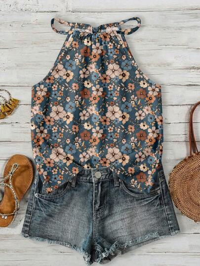 SHEIN LUNE 女士休闲度假露背吊带背心，碎花图案，适合春夏穿着