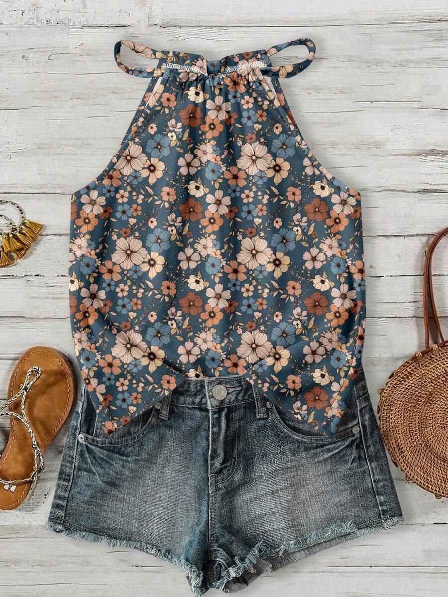 Rusticease Women's Casual Vacation Halter Neck Tank Top, Ditsy Floral, Suitable For Spring & Summer,Summer Top - Multicolor - View 1