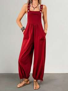 EMERY ROSE 休闲度假亚麻垂褶连体裤，配吊带 - 酒紅色 - 查看 7