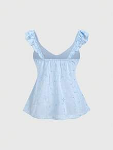 Sweetra Women's New Fashion Ruffled Sleeve Embroidered Jacquard Mesh Fabric Blouse - Dusty Blue - View 2