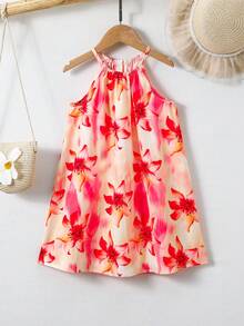 SHEIN 少女无袖碎花休闲雪纺连衣裙 - 亮橙色 - 查看 6