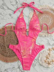 Swim SXY 女士夏季沙滩度假露背吊带连衣裙，特殊面料，侧边饰边 - 粉色 - 查看 4