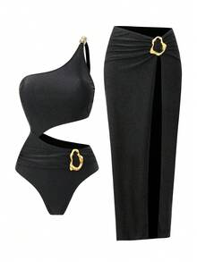 Swim Oasis 女士沙滩套装，黑色亮面面料，低调奢华，单肩设计，金属配饰，时尚休闲度假性感高端优雅简约，女士连体泳衣带裙两件套 - 黑色 - 查看 2