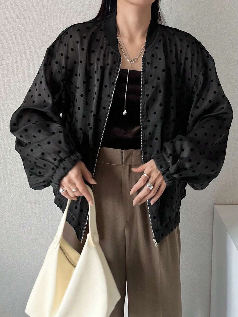 FRIFUL 女士休闲波点印花外套，春秋季 - 黑色 - 查看 1