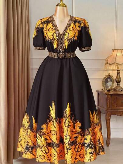 Rometta Plus Size Women's Fashionable Versatile Thailand Maldives Travel Beach Vacation Bohemian Print Waist Cinched V-Neck Cap Sleeve Dress, Spring/Summer