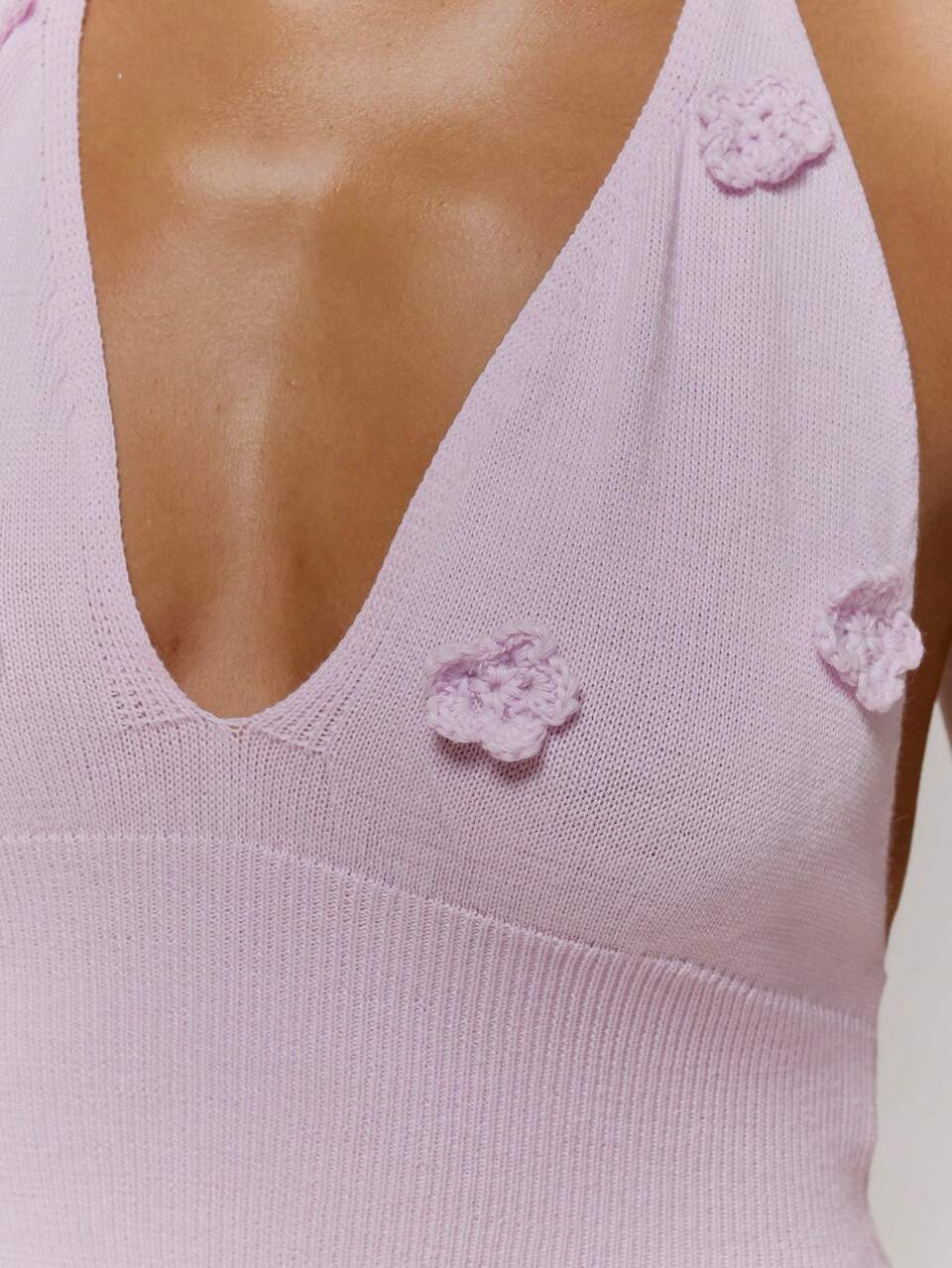 Flower Applique Knit Halter Top Coord Top Only Cute Spring Occasion Girly Sexy Going Out Mothers Day Soft Bloom