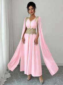 Elenzga Women's V-Neck Ruched Waist Elegant Long Party Dress - Pink - View 7