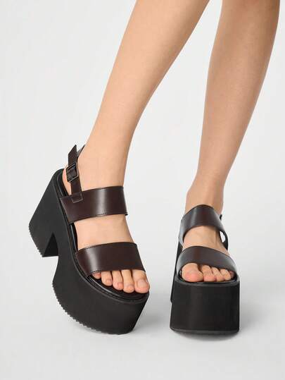 ROMWE Grunge Punk Giày sandal đế xuồng nữ kiểu dáng thường ngày, màu trơn, phong cách punk gothic, gót chunky, quai đôi với khóa kim loại điều chỉnh ở mắt cá chân, thoải mái và đơn giản, hoàn hảo cho các câu lạc bộ đêm, kỳ nghỉ và các bữa tiệc.