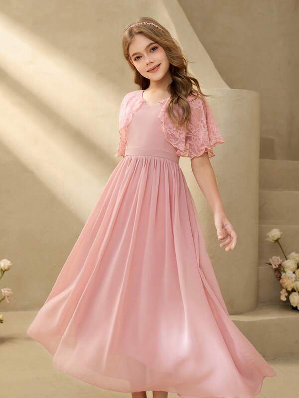 Elegant Purple Lace Chiffon Dress For Tween GirlsSuitable For Evening Party, Christmas, Halloween, Prom, Wedding, Graduation And Other Occasions