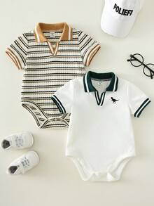 SHEIN 2件套新生男宝宝春夏可爱撞色条纹Polo领短袖连体衣套装，基础款 - 彩色 - 查看 4