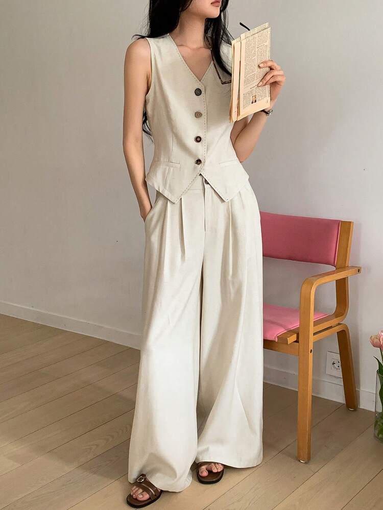 Women's Solid Color Girlish Asymmetrical Button Vintage Style Sleeveless Vest And Casual Pants 2-Piece Set