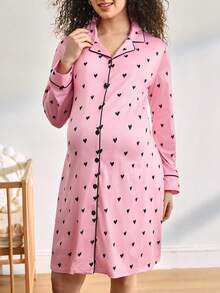 Moonlight&Mama 孕妇爱心印花单排扣休闲睡裙，适合日常穿着 - 彩色 - 查看 4