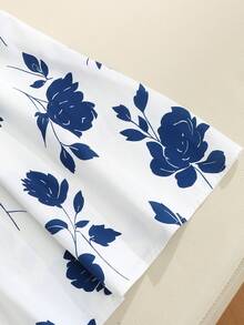 Franclia Đầm dài nữ màu xanh dương in hoa, kiểu dáng tối giản, cổ tròn, eo thon, thích hợp cho kỳ nghỉ. - Xanh và trắng - Xem 3