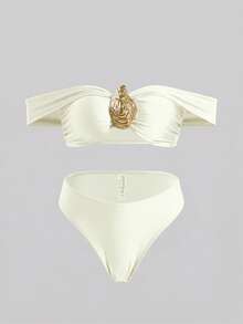 Swim Oasis Bộ đồ bơi 3 mảnh dành cho nữ, kiểu trễ vai, trang trí vàng, chân váy maxi xoắn bằng lưới xuyên thấu, váy đi biển, trang phục đi biển thanh lịch phù hợp cho hồ bơi, bãi biển, tiệc tùng. - trắng - Xem 6