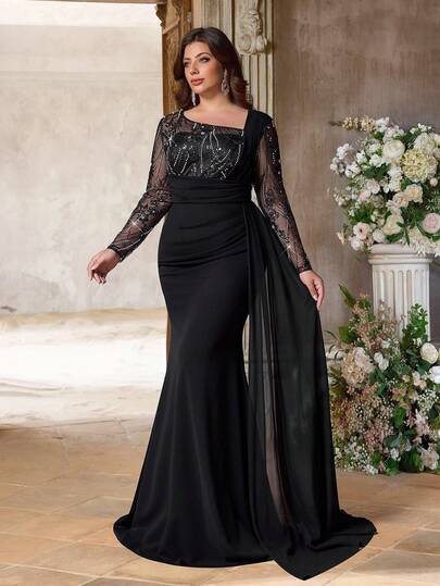 Aureia 大码优雅浪漫不对称领口长袖薄纱奢华串珠拼接褶皱腰部美人鱼裙摆连衣裙，侧开衩，适合婚礼、派对、正式场合（重工装饰设计）