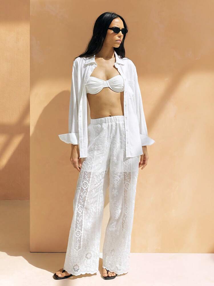 KSTM White High Rise Palazzo Lace Wide Leg Pants With Intricate Crochet Pattern And Semi Sheer Bohemian Design For Summer Beach Resort Vacation