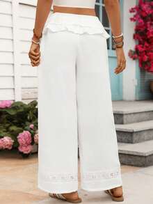 SHEIN Holidaya 女士新款米白色蕾丝拼接灯笼裤 - 松紧腰抽绳，双层荷叶边腰带，系带蕾丝脚踝，波西米亚度假休闲宽松长裤 - 白色 - 查看 2