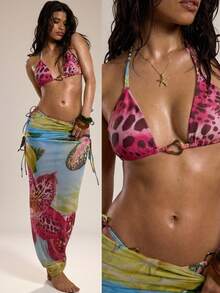 SHEIN BAE 女士三件套泳衣，性感挂脖金属银色装饰系带软杯低腰褶皱长裙泳装 - 彩色 - 查看 2