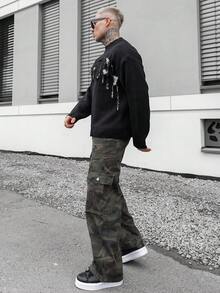 Artur Kramer 男士休闲字母做旧圆领长袖毛衣，秋冬 - 黑色 - 查看 4