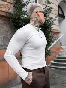 Artur Kramer 男士纯色简约休闲长袖亨利领打底白色T恤，适合秋冬季穿着 - 白色 - 查看 6