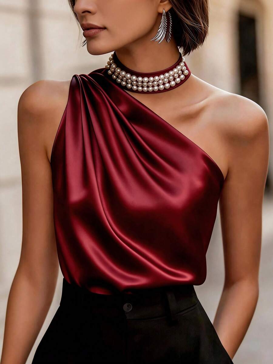 EMERY ROSE 女士优雅酒红色缎面吊带背心，珍珠领饰，褶皱肩部设计，百搭实用，适合通勤、日常、约会、外出、周末休闲、咖啡馆、春季、轻松职场、朋友聚会等场合，甜美、简约、复古、清新、文艺、轻复古、少女、日常时尚、商务、办公室、约会、都市教师制服、圣诞节和新年装扮 - 酒紅色 - 查看 1