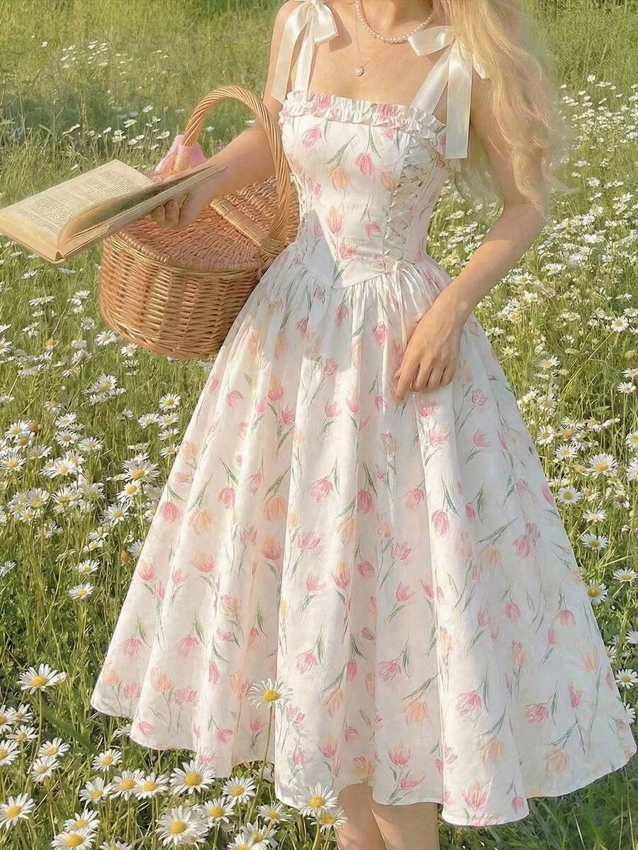 SHEIN MOD 女士春季蝴蝶结吊带花卉印花长裙、毕业礼服、女士端庄连衣裙、春假连衣裙 - 彩色 - 查看 1