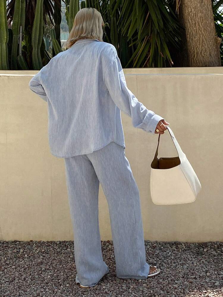 Women's Casual Pocket Shirt With Tie And Wide Leg Pants 2 Pieces Set, Spring/Summer