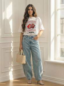 Anewsta Quần jeans nữ ống loe cạp cao màu xanh nhạt kiểu vintage, thích hợp mặc đi làm, thích hợp cho mùa xuân hè. - Màu xanh lam - Xem 3