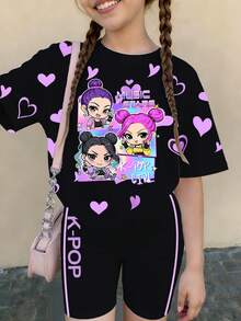 2件套少女休闲韩流卡通女孩爱心印花短袖卫衣和配套短裤套装，适合日常和假日休闲穿着，舒适保暖。 - 粉色 - 查看 3