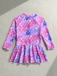 SHEIN 少女假日海滩度假美人鱼鳞片印花连体泳衣，喇叭裙摆，长袖，拉链 - 彩色 - 查看 2