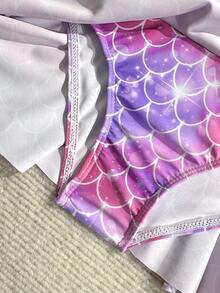 SHEIN 少女假日海滩度假美人鱼鳞片印花连体泳衣，喇叭裙摆，长袖，拉链 - 彩色 - 查看 8