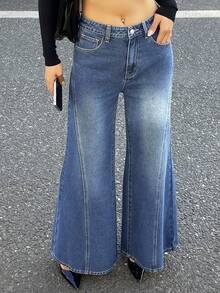 DAZY Women's Regular Waist Flare Jeans With Distressed Design Y2k - Dark Wash - View 2