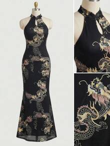EastFlair Women's Elegant Chinese Dragon Print Open Collar Split Hem Fitted Cheongsam Dress/Summer\Chinese Style Dress Qipao Dress Asian Dress
\Wedding Guest Dress\Party - Black - View 1