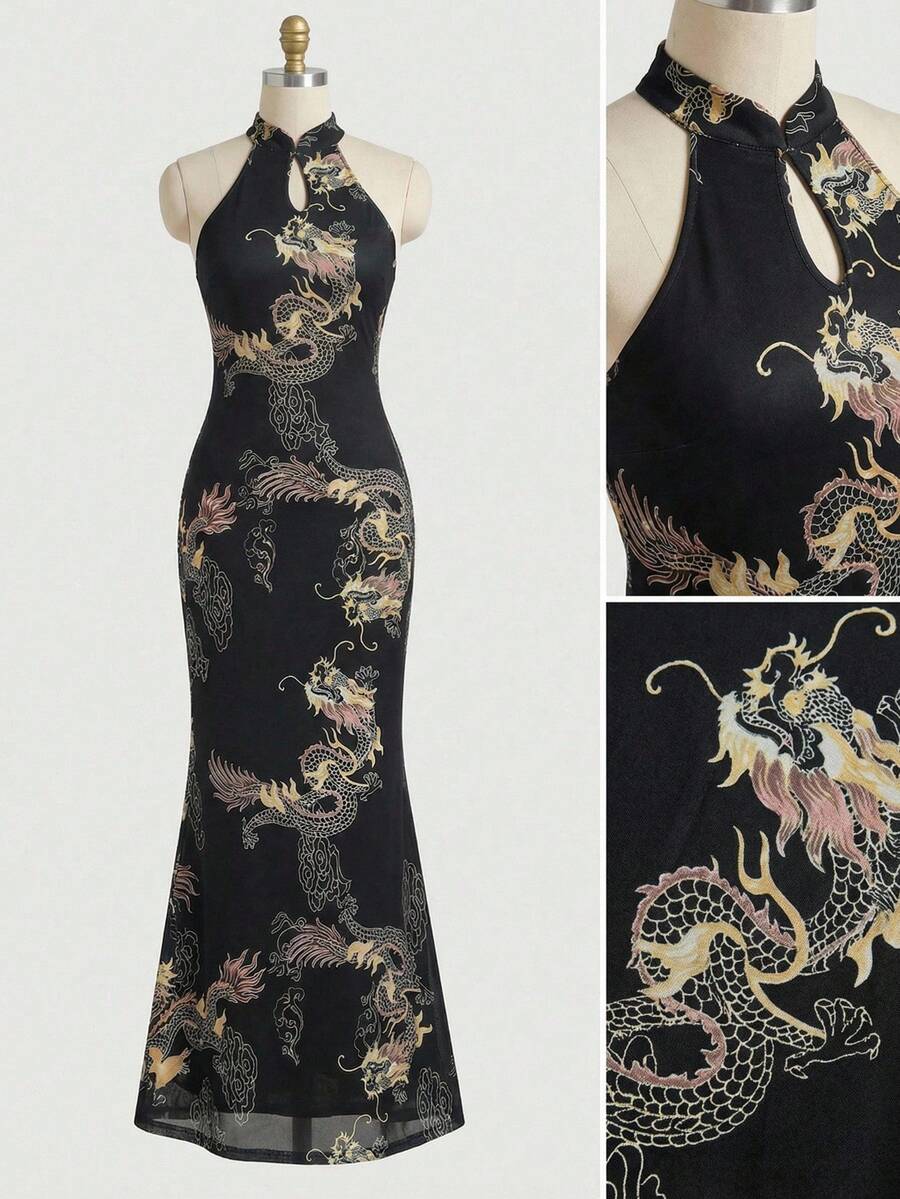 EastFlair Women's Elegant Chinese Dragon Print Open Collar Split Hem Fitted Cheongsam Dress/Summer\Chinese Style Dress Qipao Dress Asian Dress
\Wedding Guest Dress\Party - Black - View 1