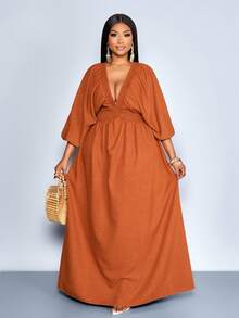 SOLERSUN Vestido longo feminino plus size elegante, sensual e fluido em linho com decote em V profundo franzido e mangas curtas com babados. Ideal para férias em estilo boho, country, tropical e para o verão. Perfeito para férias com um toque de luxo e tranquilidade, ideal para primavera e verão. - Ferrugem Marrom - Ver 3