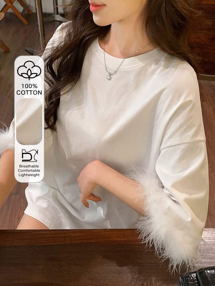 Women's Casual Versatile Solid Color Fuzzy Decor T-Shirt