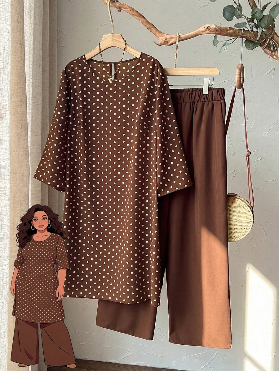 EMERY ROSE 大码女装早春休闲度假乡村风圆领七分袖侧开衩波点棕色长款上衣衬衫和裤子两件套，带口袋 - 棕色 - 查看 1