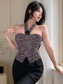 DAZY Women's Elegant Halter Neck 3D Floral Blouse, Summer - Pink - View 3