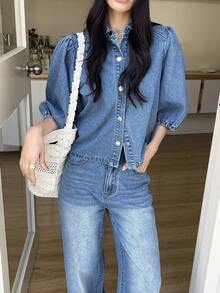 DAZY Women's Casual Washed White Puff Sleeve Shirt And Wide Leg Jeans Set, Spring/Summer - Medium Wash - View 3