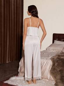 Slumberist 性感女士蕾丝V领吊带背心和阔腿裤家居服套装，时尚休闲家居服 - 白色 - 查看 3