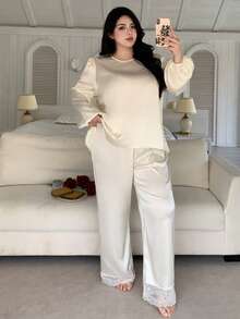 Dazy Plus Plus Size Women Lace Patchwork Crew Neck Long Sleeve Top And Wide Leg Pants Casual Loungewear Set - White - View 4