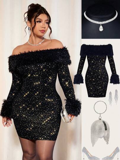 Cravure 大码女士优雅连衣裙，闪亮派对礼服，适合宴会、鸡尾酒会，魅力女王风性感露肩连体连衣裙，饰有毛绒装饰，长袖超短闪亮性感迷你连衣裙，黑色闪亮性感超短连衣裙