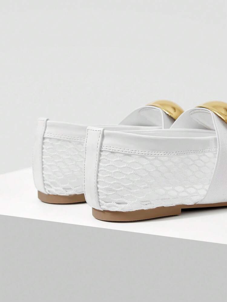 WOMEN'S FASHION FLAT SHOES, SPRING/SUMMER MESH WHITE FISHNET SHOES, BALLET FLATS, BREATHABLE METAL DECOR SHOES