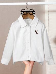 Áo sơ mi dài tay cài cúc kiểu quý ông màu trắng cho bé trai, chất liệu vải dệt sợi cotton pha tre, cổ áo thiết kế cổ điển, 5 cúc trắng phía trước, logo cầu thủ polo thêu ở ngực trái, thích hợp cho các hoạt động thường ngày, nghỉ lễ, dã ngoại, có thể phối cùng áo vest và quần tây. - trắng - Xem 9