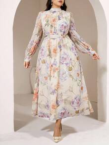 Veilorie 大码优雅印花中长连衣裙，适合通勤。 - 米色 - 查看 2