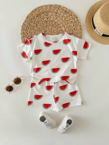 SHEIN 2pcs/Set Unisex Baby Watermelon Print Short Sleeve Pajamas Shorts Set, Casual Comfortable Summer Sleepwear - Multicolor - View 7
