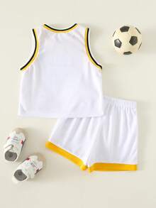 SHEIN Bộ đồ thể thao mùa hè cho bé trai gồm áo tank top dệt kim in chữ dễ thương và quần short cạp chun, kiểu dáng đồng phục bóng rổ. - Nhiều màu - Xem 2