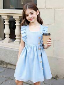 女童蓝色荷叶边方领梭织连衣裙 - 藍色 - 查看 3