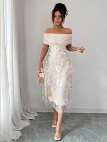 Modelyn Vestido de verano minimalista y sexy con hombros descubiertos, bordado, parches de malla y volantes de punto de poliéster para mujer - Albaricoque - Ver 7