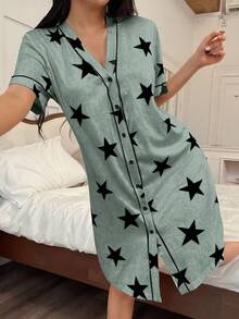 SHEIN 美国休闲星形印花V领短袖女士睡裙 - 彩色 - 查看 3